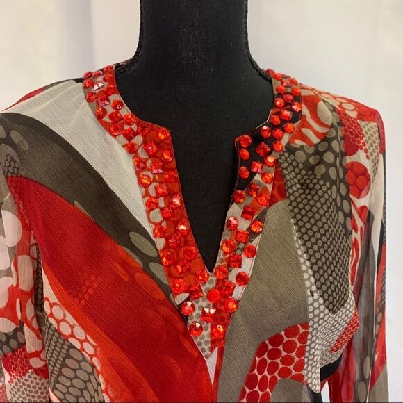 BELLISSIMA red tan gem embellished V-neckline sheer coverup blouse Sz S 🇨🇦🔥 - Picture 5 of 11